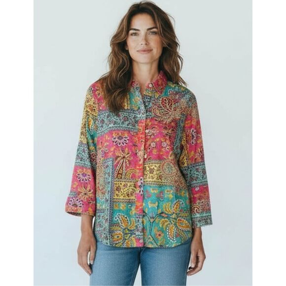LAUREN RALPH LAUREN Women’s Blouse L Boho Paisley Patchwork Button Front Shirt - Picture 1 of 6